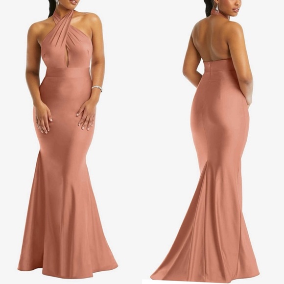 Cynthia & Sahar Dresses & Skirts - Cynthia & Sahar XIMENA Toasted Sugar CrissCross Halter Satin Mermaid Dress CS112